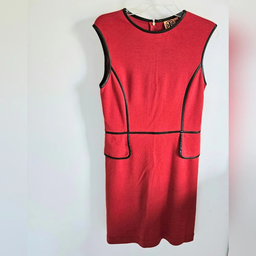 Tory Burch Wool Leather Trim Sleeveless Dress Red Black